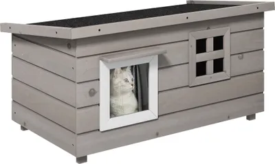 Produktbild von PawHut domek dla kota domek dla kota z asfaltowym dachem jaskinia dla kota mały domek dla zwierząt z oknem dla kotów psów na zewnątrz odporny na zimę drewno jodłowe szary czarny 87 x 52 x 44 cm