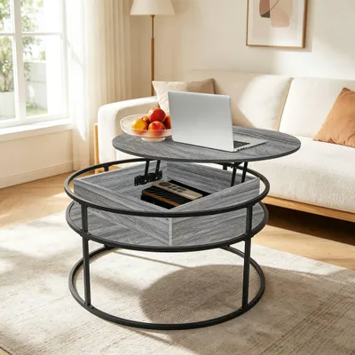 Produktbild von 2 in 1 Couchtisch Rund mit Hebeplatte,Beistelltisch mit Verstecktem Stauraum,Klein Wohnzimmertisch Kaffeetisch für Wohnzimmer,Büro 80x80x47cm Grau