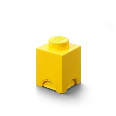A single yellow LEGO storage brick is shown against a white background.