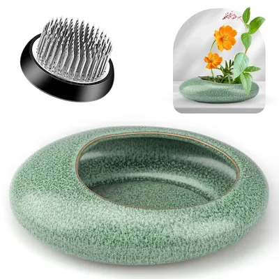 Produktbild von Ikebana Blumenhalter Set mit Keramischer Vase und Edelstahl Blumenstecker