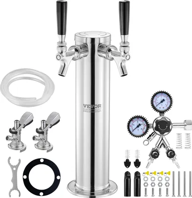 Image de Kit tour de Kégélateur, kit de conversion de bière avec deux robinets de soutirage, distributeur de bière en tour en acier inoxydable avec double jauge W21.8-régulateur et raccord de fût A-System, bac d'égouttage de bière pour les fêtes à domicile