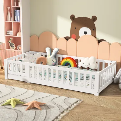 Produktbild von CDGlobal Kinderbett Bodenbett Holzbett mit Rausfallschutz und Tür, Spielbett Einzelbett für Kinder 90x200cm, Weiß