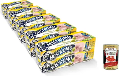 Produktbild von Nostromo - Thunfisch mit Olivenöl, 30x 70gr Dosen. Escort -Format aus 10 Packungen. Proteinquelle ohne Konservierungsmittel + Italian Gourmet polpa 400g