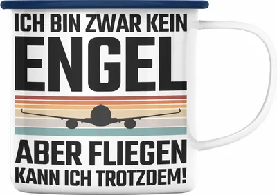 Produktbild von Trendation - Pilot Geschenk Emaille Tasse Flugzeug Fliegen Geschenkidee Piloten Emaille Emaille Tasse Kein Engel (Blau)