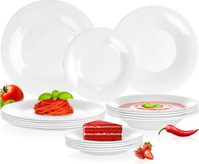 Produktbild von Vilde | Geschirrset - Weiß - 18 Teile - Opalglas - 6 Personen - Tiefe Teller - Flache Teller - Dessertteller
