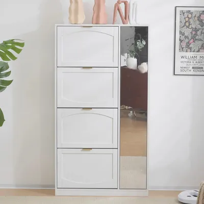 Image de Armoire à chaussures moderne avec miroirs - Armoire d'entrée - 4 compartiments à abattants - Étagère réglable derrière le miroir de droite - Pour l'entrée