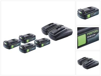 Zdjęcie produktu dla Zestaw energetyczny Festool 4x akumulator BP 18 Li 3,0 C 18 V 3,0 Ah / 3000 mAh Li-Ion ( 4x 577658 ) + podwójna ładowarka TCL 6 DUO ( 577017 )