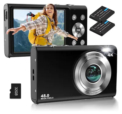 A digital camera is shown with a woman in the background, along with accessories like batteries and an SD card.