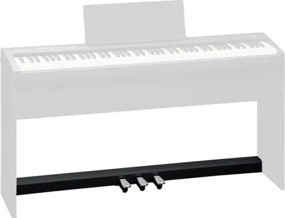 A black pedal unit with three pedals is shown in front of a partially visible digital piano.