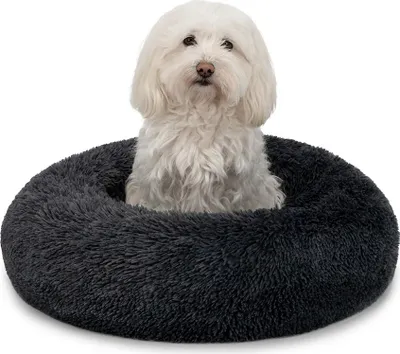Immagine prodotto di lionto Donut dog bed, divano rotondo per cani con rivestimento in peluche e borchie antiscivolo, morbido e accogliente, diametro 50 cm, grigio scuro