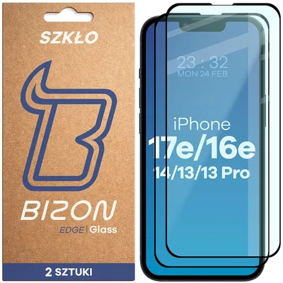 Produktbild von Gehärtetes Glas für iPhone 17e / 16e / 14 / 13 Pro / 13, Bizon Glass Edge Duo, Schwarzer Rahmen, 2 Stück