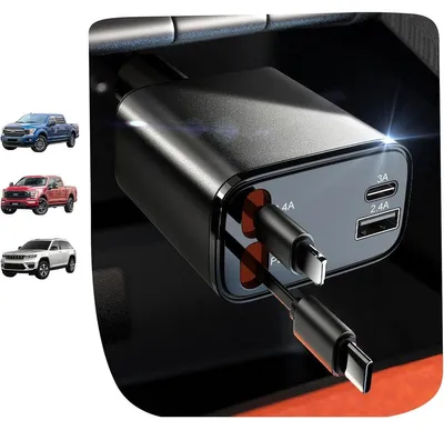 Produktbild von Retractable KFZ Ladegerät 69W, Auto Schnellladegerät mit USB-C PD Port, USB-A Port und Lightning & Type-C Kabel, 4-Port Zigarettenanzünder Ladegerät 12V-24V