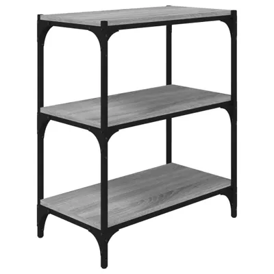 A three-tier bookshelf with a gray wood grain finish and black metal frame, shown against a white background.