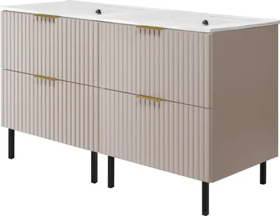 Image de Meuble sous vasque, blanc mat, finition cachemire avec poignée dorée