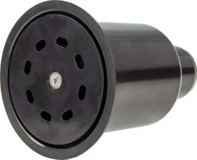 A black drain fitting with a screw in the center of the grate.