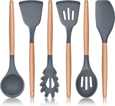 Produktbild von Silikon Küchenhelfer Set mit Holzgriff 6-teilig Grau
