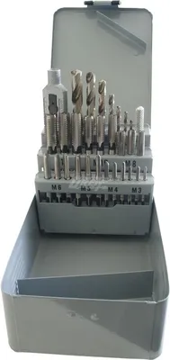 Produktbild von 29-tlg Gewindebohrer Set HSS-G M3-M12 mit Spiralbohrern und verstellbaren Windeisen