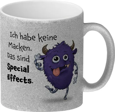 Produktbild von Freches Monster in lila Glitzer-Kaffeebecher mit lustigem Spruch