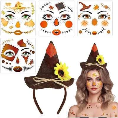 Productafbeelding van Vogelverschrikker kostuumset: hoed, haarband en Halloween-gezichtstickers voor dames en heren