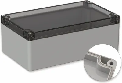 Produktbild von POLLIN, Polycarbonat Gehäuse, 200 x 120 x 75 mm, IP66, Lichtgrau, Glasklarer Deckel