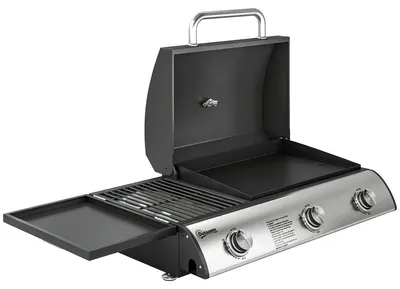 Produktbild von Gasgrill 7,5 KW Tragbarer Tischgrill mit 3 Brenner Seitentisch Bratenplatte Emaille-Grillroste Fettauffangschale