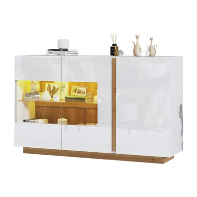 Produktbild von Sideboard Hochglanz Kommode, weiße Spanplatte mit Glas, Holzsockel, Kommode Schrank Flurschrank 138*38*90,5cm
