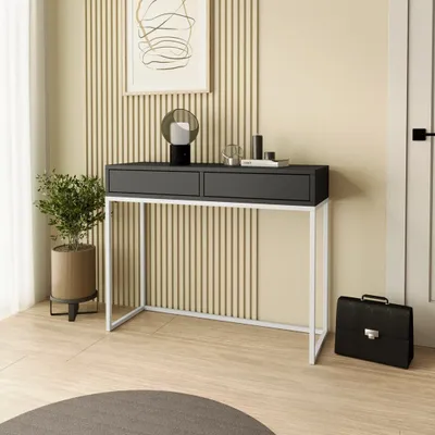 Image de SofaStyle Console LANGO 100 cm - Console à 2 tiroirs, coiffeuse, noir avec pieds métalliques blancs