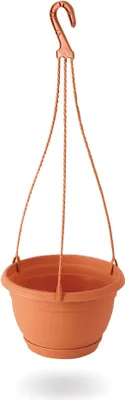 A terracotta hanging planter with a hook and chains against a white background.
