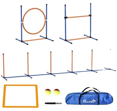 Obrázok produktu pre Sada pre agility pre psov, nastaviteľné prekážky (výška 8-88 cm), prekážka v podobe pneumatiky, slalomové tyče (dĺžka 352 cm), tunel, prenosné tréningové vybavenie
