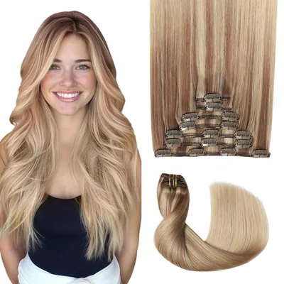 Productafbeelding van Clip-in haarverlengingen, echt haar, 120 gram, 7 stuks, 40 cm, lichtbruin/goudblond