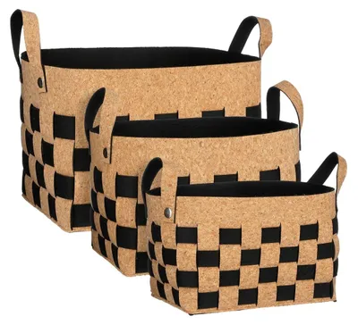 Productafbeelding van Mica Decorations Opbergmand - Set van 3 - L40 x B30 x H30 cm - Kurk/Vilt - Zwart