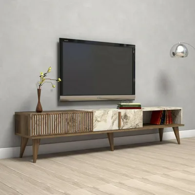 Image de Jakuchu - Meuble TV, 180x35x40 cm Noyer Marron, un tiroir