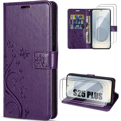 Image de Coque + 2 Verres Trempés pour Samsung Galaxy S25 Plus (S25+) Protection Effet Cuir Violet Nuit Motif Papillon Plante