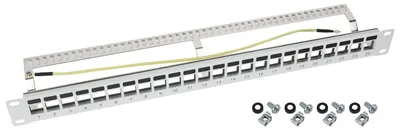 STP Keystone-Patchpanel für 19 Zoll Serverschränke von HMF mit 24 Ports RJ45 in Lichtgrau