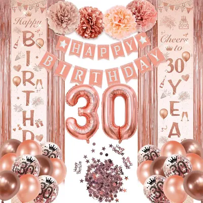 Produktbild von 30. Geburtstagsdeko Set Rose Gold für Mädchen, Happy Birthday Girlande & Tür Banner, Luftballons & Konfetti