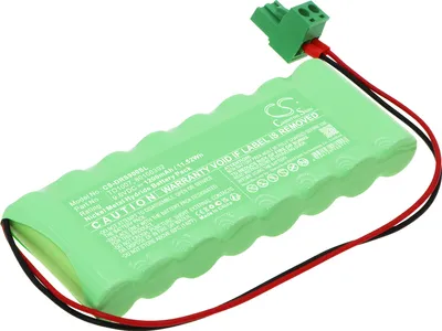 A green battery pack with red and black wires and a green connector.