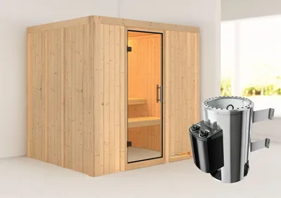 Produktbild von Karibu Sauna Innensauna Daria Fronteinstieg Ofen 3,6 kW intgr. Strg 196x170x198 cm ohne Dachkranz mit Klarglastür