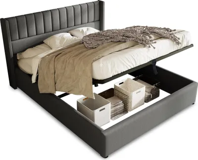 Zdjęcie produktu dla Łóżko platformowe 140x200 cm, szare, obite tkaniną, z hydraulicznym stelażem i pojemnikiem na pościel, idealne do sypialni