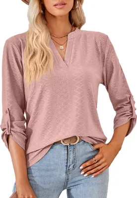 Produktbild von ASKSA Damen Bluse V-Ausschnitt Einfarbig Oberteile Elegant Lose Causal Tunika Tops, Dunkelrosa, S