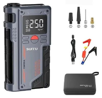 Obrázek produktu pro Startovací zařízení s kompresorem - Autostartér 12 V, 8000 mAh - Digitální displej - Integrovaný kompresor na pneumatiky - Powerbanka s nouzovým startem - Špičkový proud 600 A - 4 články