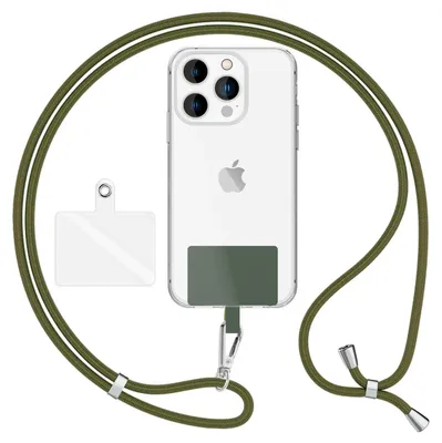 Zdjęcie produktu dla HoldMe Air Edition - Uniwersalna smycz z 2 podkładkami i karabińczykiem (srebrna) - Pasek do telefonu komórkowego 160 cm - oliwkowa zieleń