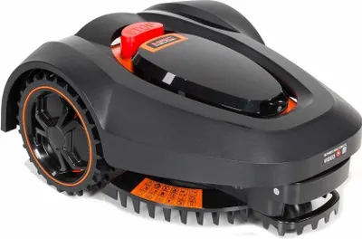 A black and orange robotic lawnmower is shown against a white background.