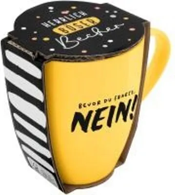 Produktbild von Tasse mit Motivdruck 'Bevor du fragst. NEIN!', mit Banderole