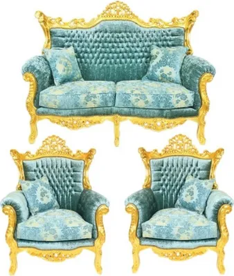 Immagine prodotto di Casa Padrino Set soggiorno barocco Master Tessuto velluto fantasia turchese-blu/oro - 2 Divani + 2 Poltrone - Edizione limitata!