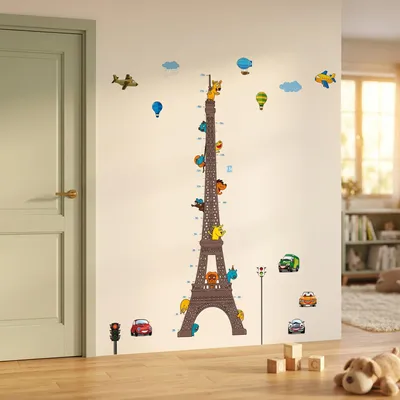 Produktbild von Wandaufkleber mit Größenmessskala für den Eiffelturm mit Tieren und Flugzeugen für Kinder