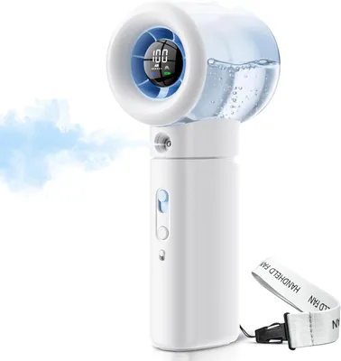 Produktbild von Tragbarer Nebel Ventilator mit Akku 6000mAh, Handventilator Sprühfunktion für Strand, Camping & Reisen, kompakt & leise