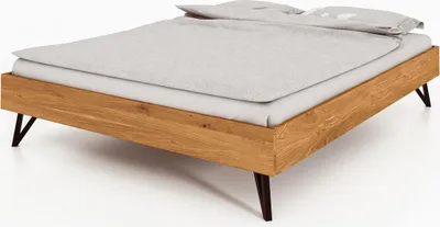 Produktbild von Bett Rolo 3 in 140x200 cm aus Wildeiche massiv mit Metallbeinen ohne Kopfteil