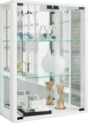 Produktbild von Glasvitrine hängend | Vitrine Glas mit ESG-Sicherheitsglas | Maße ca. H. 80 x B. 60 x T. 25 cm | Hängevitrine Glas | Modern und platzsparend | Glas Vitrinenschrank - Udina Spiegel Weiß
