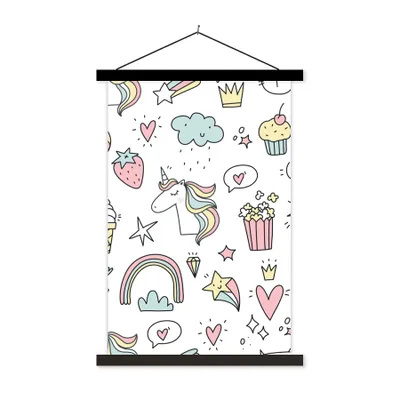 Produktbild von MuchoWow® Textilposter Schnittmuster - Einhorn - Kinder - Mädchen - Regenbogen - Pastell 40x60 cm mit schwarzem Rahmen - Wanddekorationen