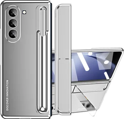 A silver phone case is shown from multiple angles, with one angle revealing a folded phone inside.